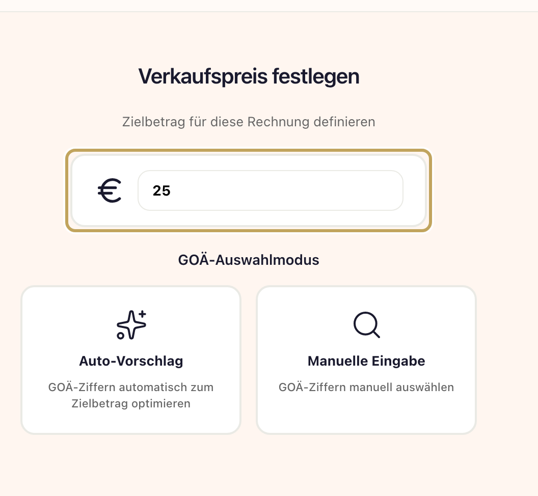 Rechnungsassistent, Schritt Positionen: Zielbetrag 25 Euro eingegeben, darunter die Kacheln „Auto-Vorschlag“ und „Manuelle Eingabe“