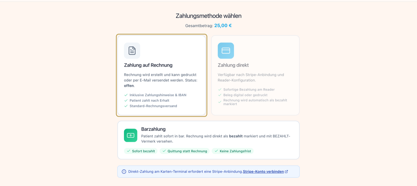 Rechnungsassistent, Schritt Zahlungsart: „Zahlung auf Rechnung“, „Barzahlung“ und das ohne Kartenterminal inaktive „Zahlung direkt“
