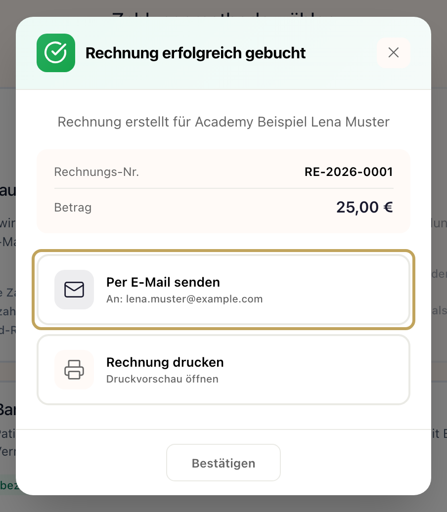 Fenster „Rechnung erfolgreich gebucht“ mit „Per E-Mail senden“ samt Adresse, „Rechnung drucken“ und „Bestätigen“