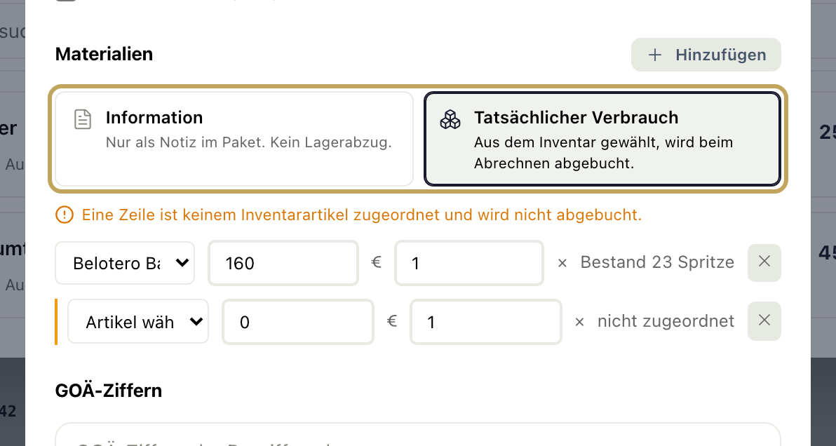 Paketeditor, Block „Materialien“: Umschalter „Information“ und „Tatsächlicher Verbrauch“, Verbrauch gewählt