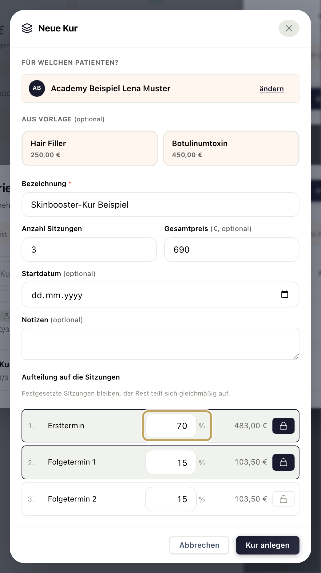 Dialog „Neue Kur“: Bezeichnung, drei Sitzungen, Gesamtpreis und Aufteilung auf die Sitzungen mit Schloss zum Festsetzen, Knopf „Kur anlegen“