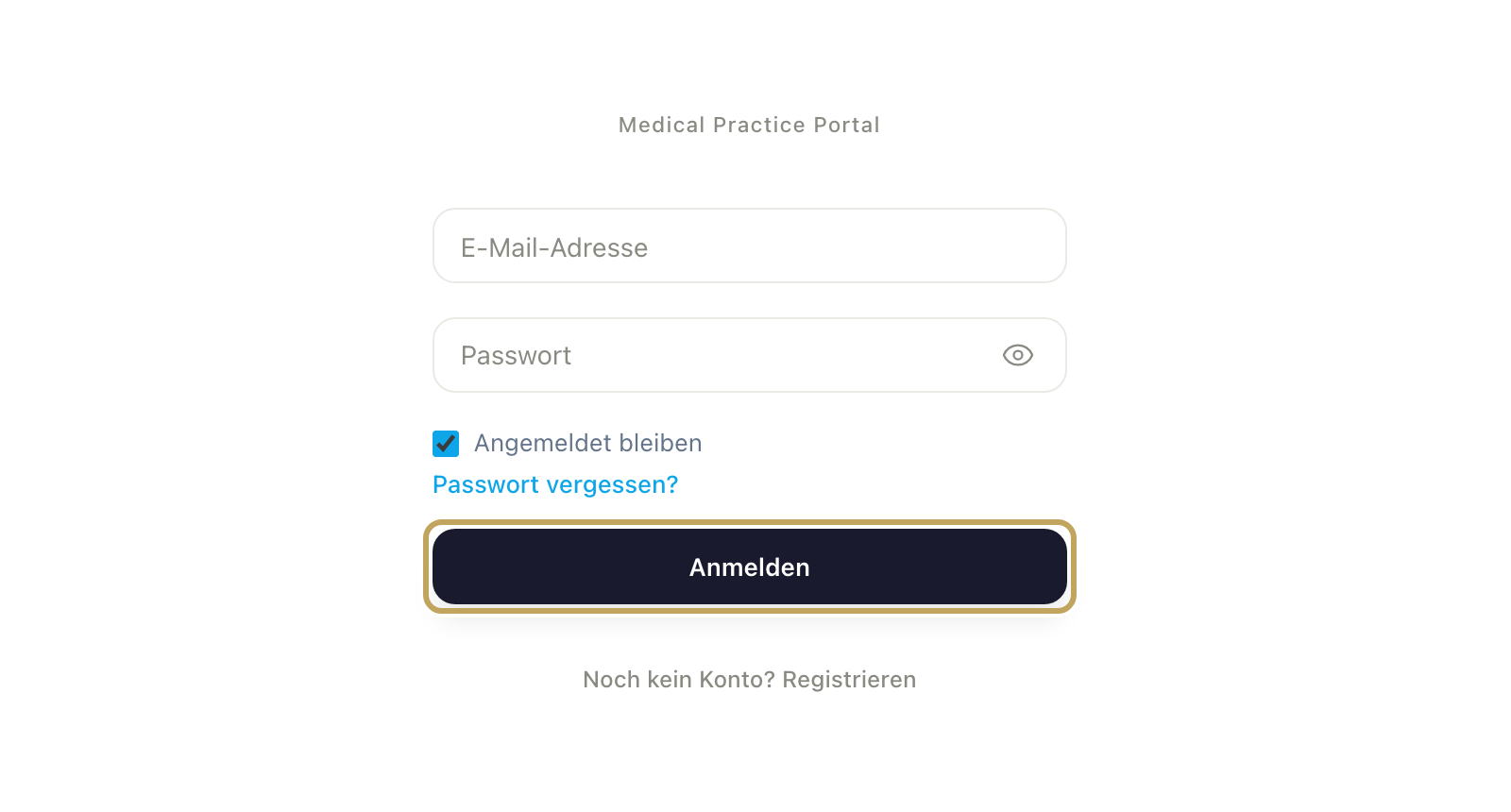 Anmeldeseite mit den Feldern E-Mail-Adresse und Passwort, „Angemeldet bleiben“, „Passwort vergessen?“ und „Anmelden“