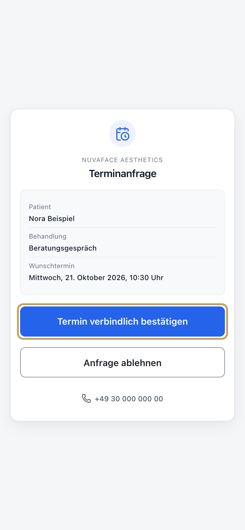 Entscheidungsseite aus der Benachrichtigungsmail am Handy: Anfrage offen, Knopf „Termin verbindlich bestätigen“