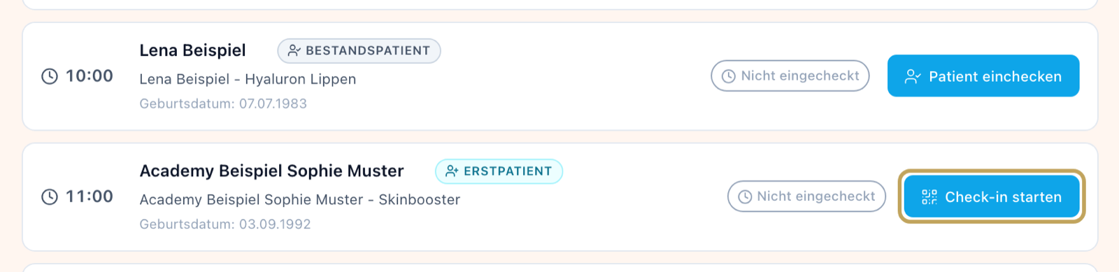 Terminkarten im Reiter „Heute“: Erstpatientin mit „Check-in starten“ und Bestandspatientin mit „Patient einchecken“, beide „Nicht eingecheckt“