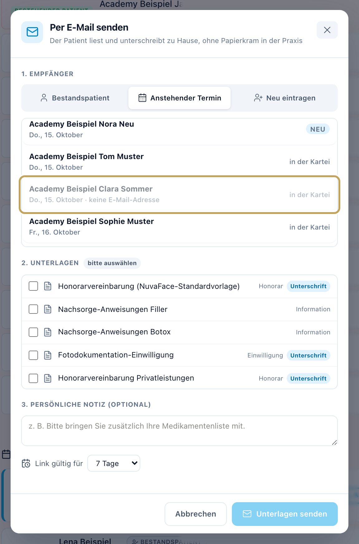Fenster „Per E-Mail senden“, Reiter „Anstehender Termin“: Kennzeichen „neu“ und „in der Kartei“, Termin ohne E-Mail-Adresse ausgegraut