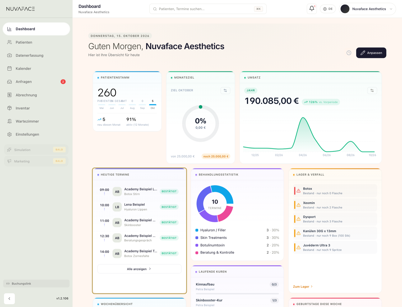 Dashboard am Desktop: Gruß mit Praxisname, Kachel „Heutige Termine“ mit „Alle anzeigen“ und die Seitenleiste