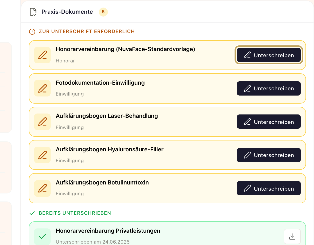 Patientenakte, Bereich Dokumente: Abschnitte „Zur Unterschrift erforderlich“ und „Bereits unterschrieben“ mit dem Knopf „Unterschreiben“