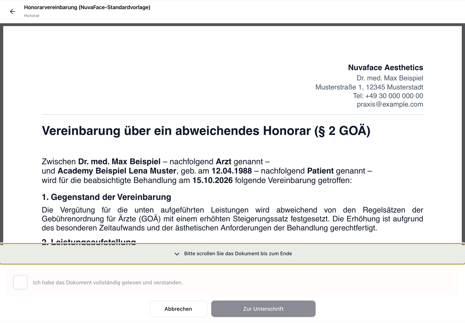 Unterschriftsdialog, Schritt Lesen am Tablet quer: Hinweis „Bitte scrollen Sie das Dokument bis zum Ende“, gesperrtes Häkchen und gesperrter Knopf „Zur Unterschrift“