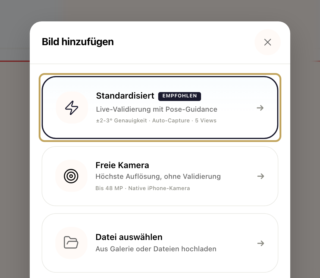 Fenster „Bild hinzufügen“ über der Karte „Frontal“: Standardisiert (empfohlen), Freie Kamera und Datei auswählen