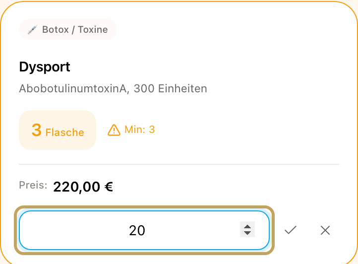 Produktkarte im Inventar mit offener Aufstock-Eingabe: Mengenfeld, Haken zum Übernehmen und X zum Abbrechen