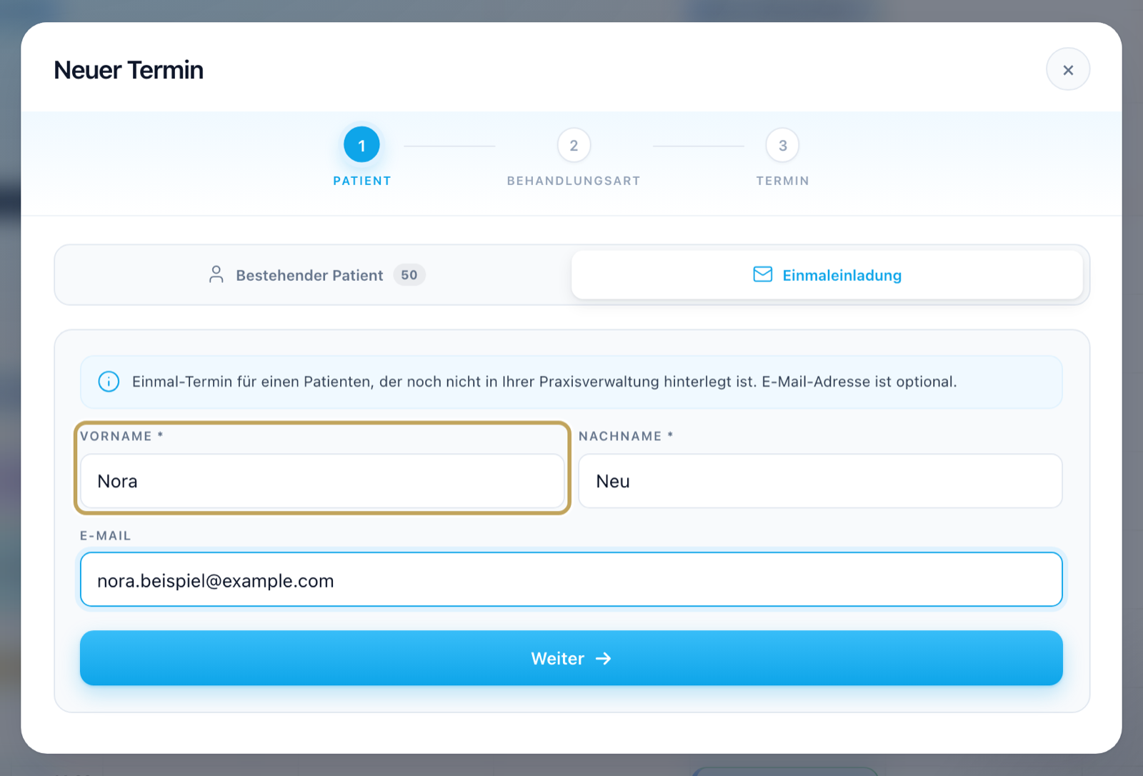 Neuer Termin, Reiter „Einmaleinladung“ ausgefüllt: Vorname, Nachname, optionale E-Mail und Hinweistext