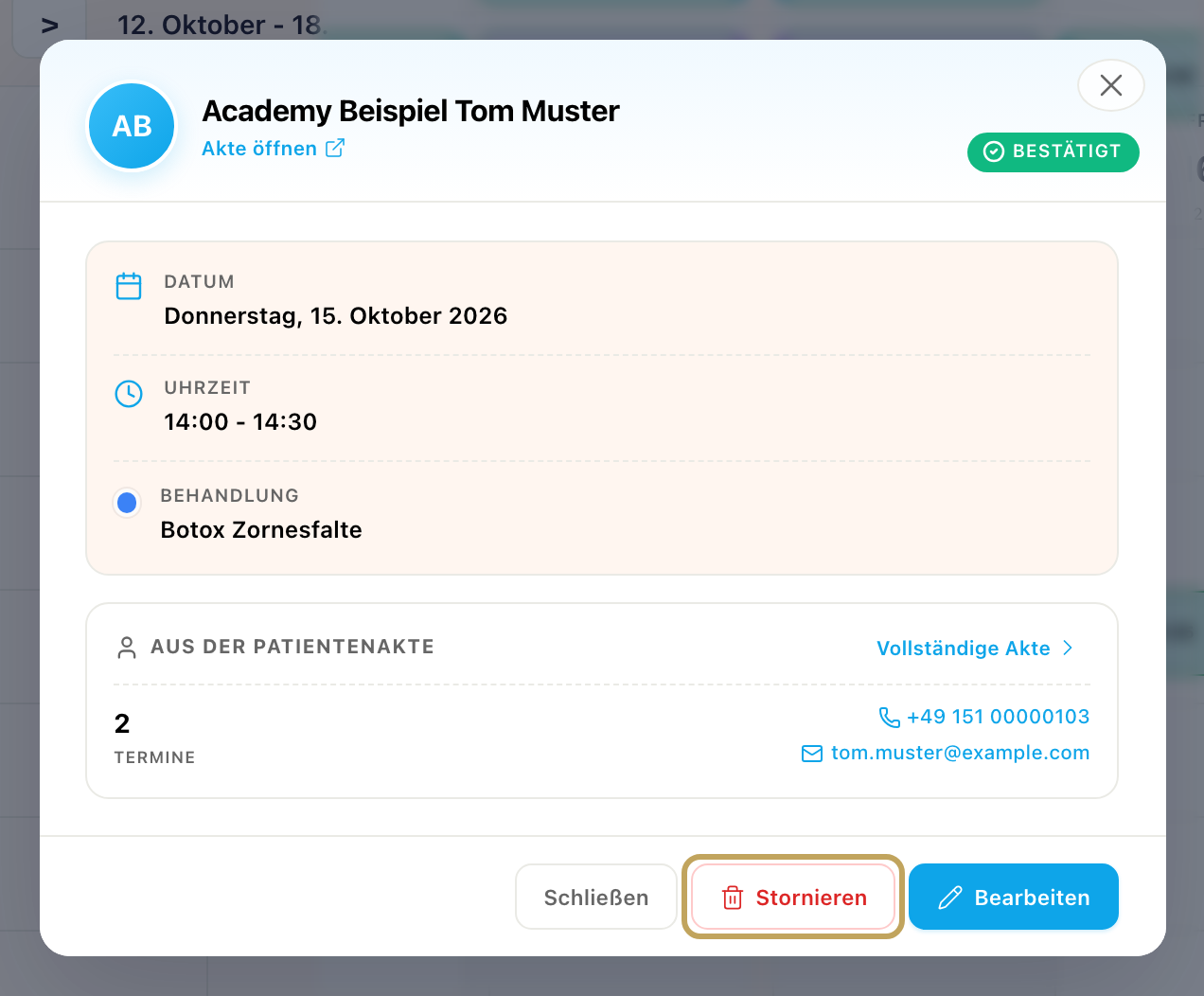 Termindetails mit dem Knopf „Stornieren“; die anschließende Rückfrage „Möchten Sie diesen Termin wirklich löschen?“ kommt als Browserdialog