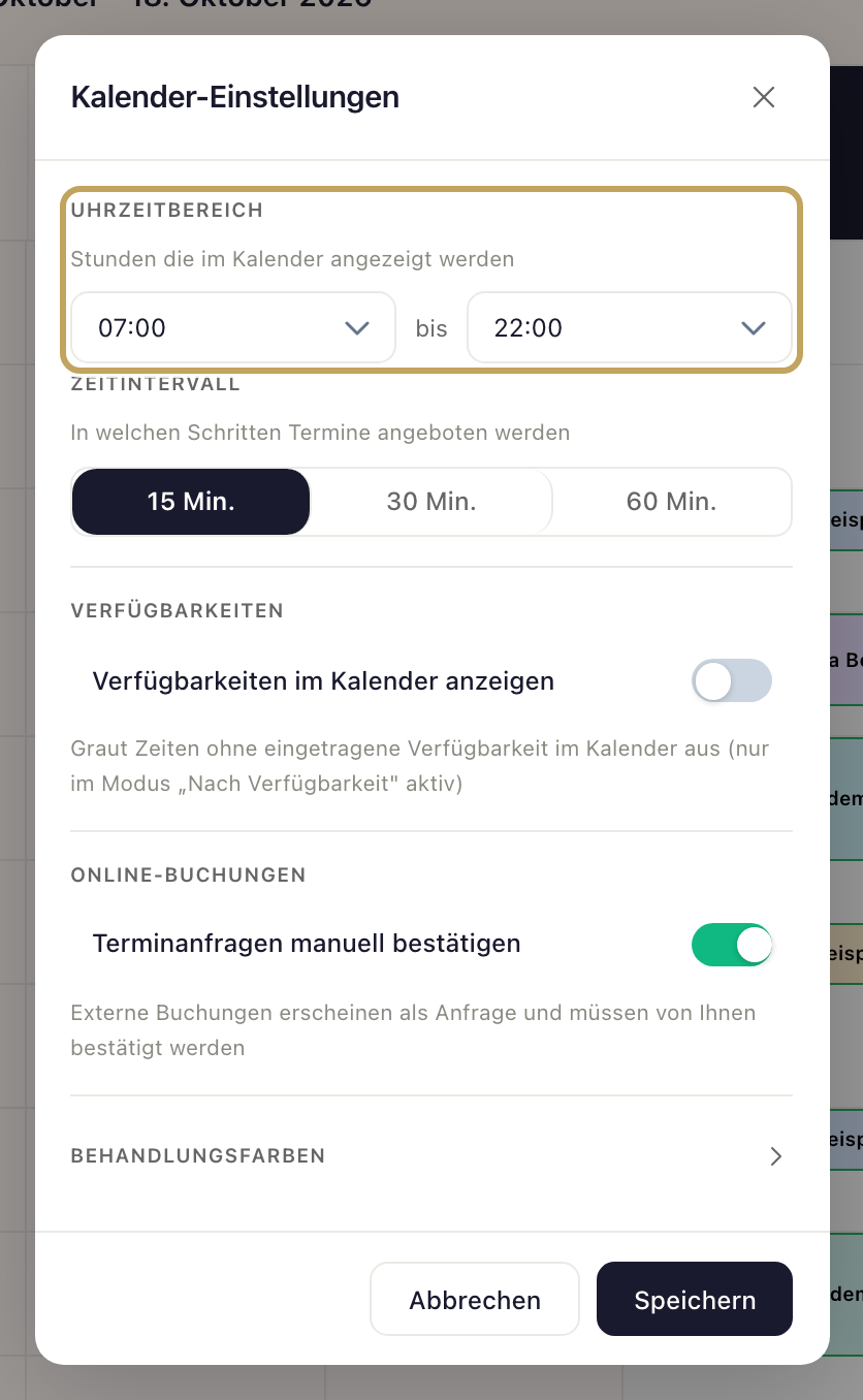 Fenster „Kalender-Einstellungen“: Uhrzeitbereich, Zeitintervall, Verfügbarkeiten, Online-Buchungen, Behandlungsfarben und „Speichern“