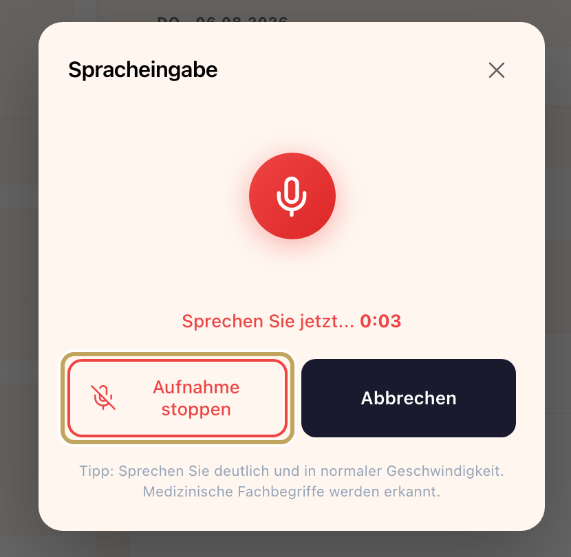 Fenster „Spracheingabe“ während der Aufnahme: „Sprechen Sie jetzt…“ mit Zeit, Knöpfe „Aufnahme stoppen“ und „Abbrechen“