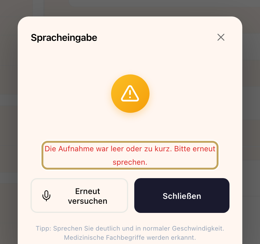 Fenster „Spracheingabe“ mit der Meldung „Die Aufnahme war leer oder zu kurz. Bitte erneut sprechen.“ und den Knöpfen zum erneuten Versuch und Schließen