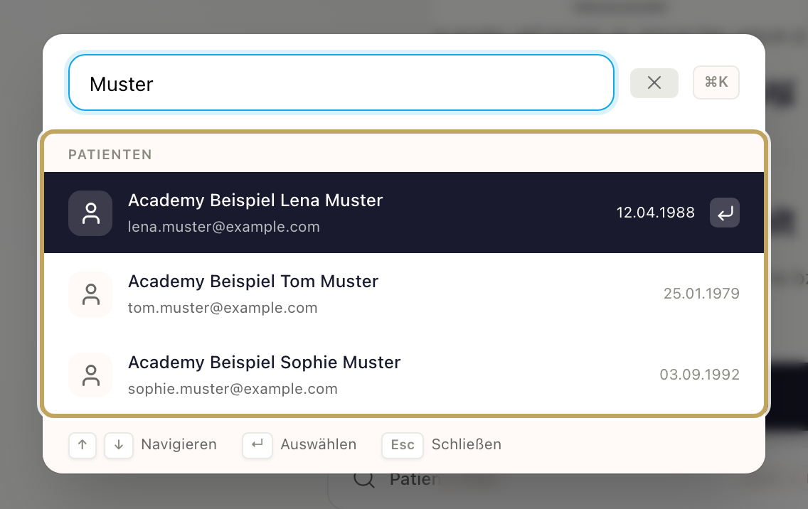 Befehlspalette (Strg + K) mit Suchbegriff „Muster“, Abschnitt „Patienten“ mit Treffern und Tastenhinweisen