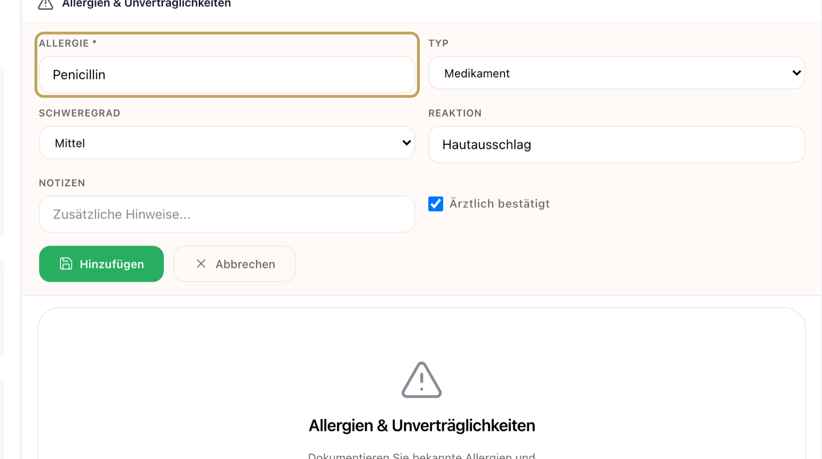 Reiter „Allergien“ mit ausgefülltem Formular: Allergie, Typ, Schweregrad, Reaktion, Häkchen „Ärztlich bestätigt“ und „Hinzufügen“