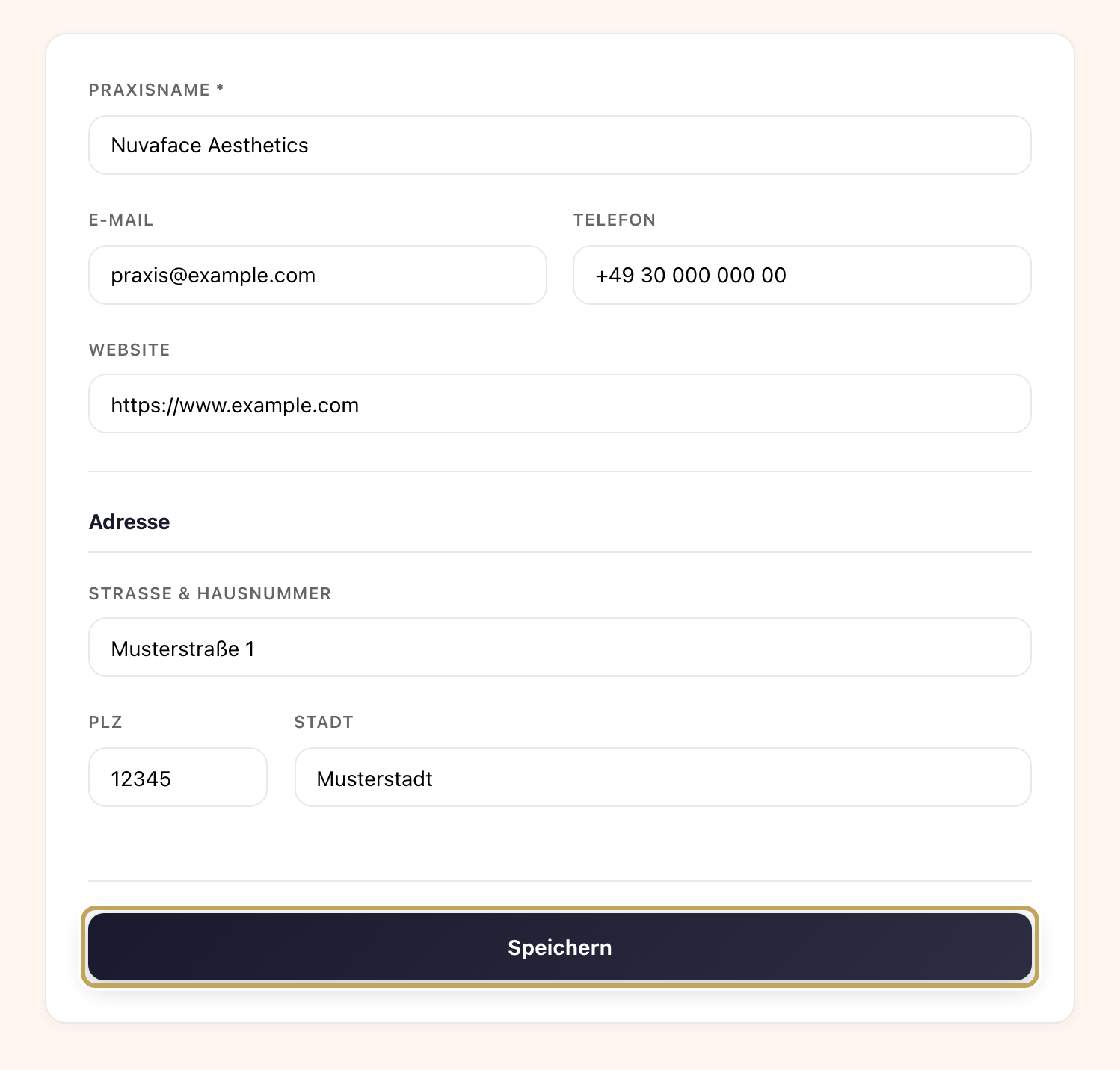Kachel „Kontoeinstellungen“: Praxisname, E-Mail, Telefon, Website, Adresse und „Speichern“
