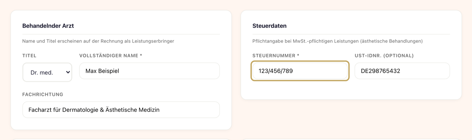 Kachel „Abrechnung“: Karten „Behandelnder Arzt“ mit Titel und Namen sowie „Steuerdaten“ mit Steuernummer und USt-IdNr.