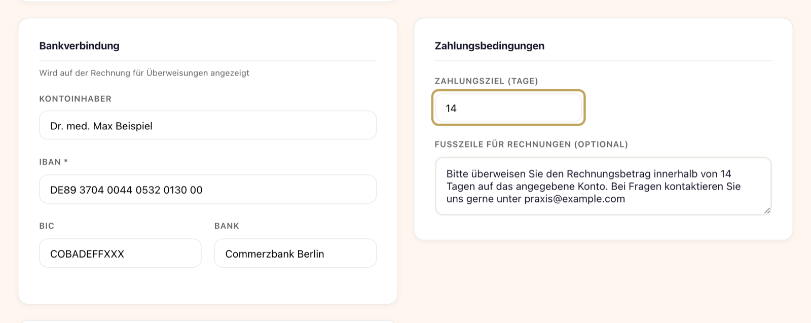 Kachel „Abrechnung“: Karten „Bankverbindung“ mit IBAN und „Zahlungsbedingungen“ mit Zahlungsziel 14 Tage