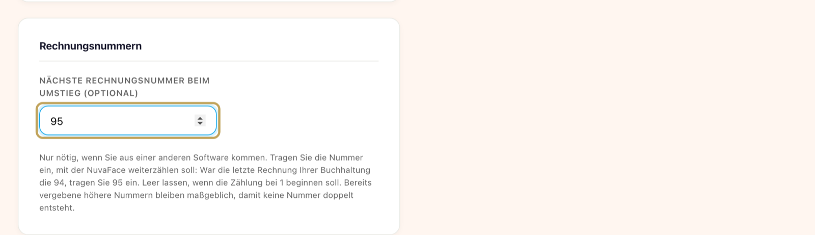 Kachel „Abrechnung“, Karte „Rechnungsnummern“: Feld „Nächste Rechnungsnummer beim Umstieg (optional)“ mit Wert 95 und Hinweistext