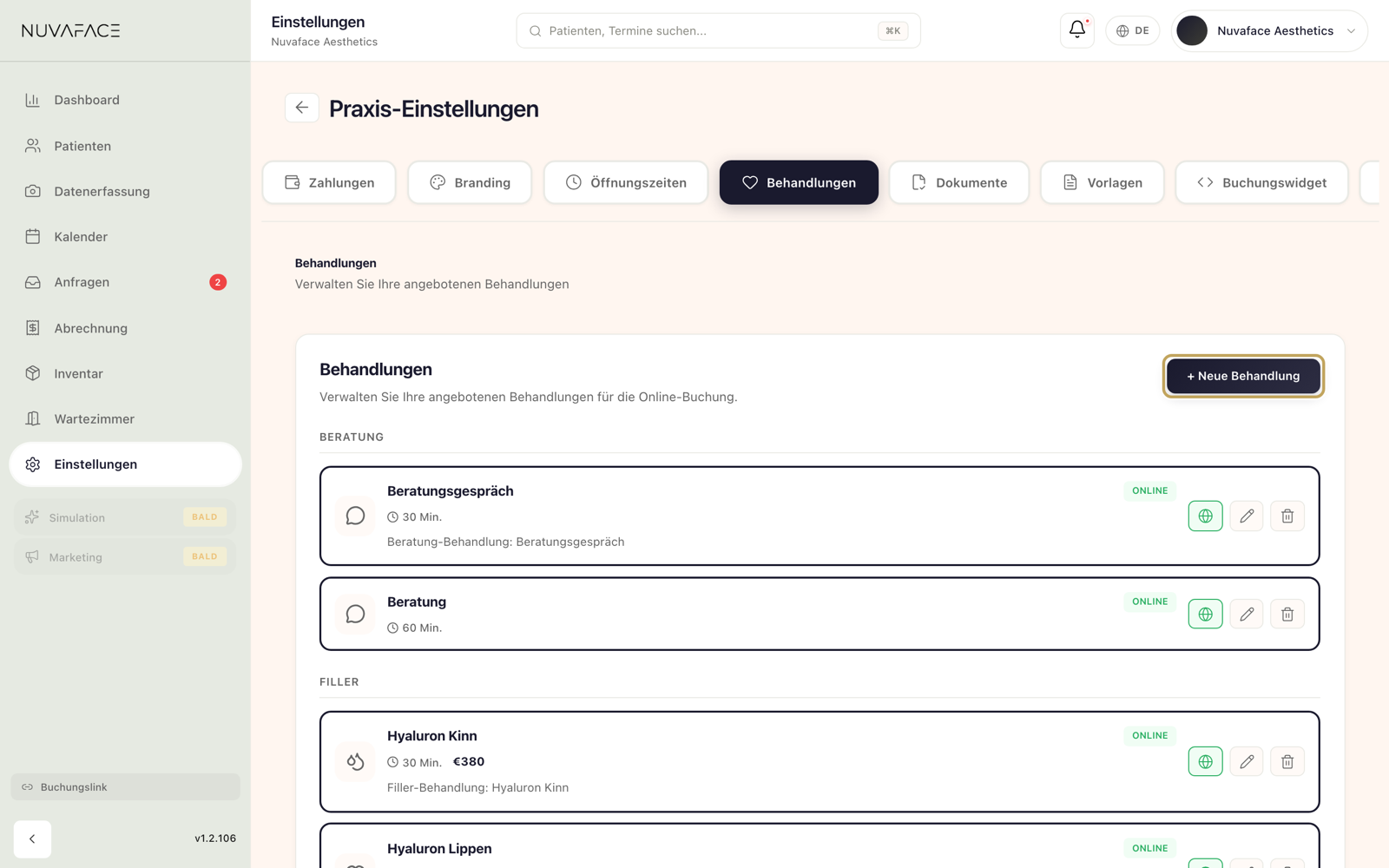 Kachel „Behandlungen“: Liste nach Kategorien mit Globus, Stift und Mülleimer je Zeile und Knopf „+ Neue Behandlung“