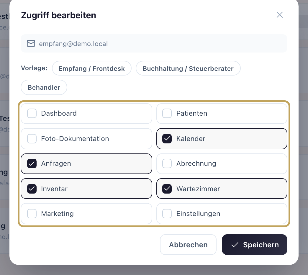 Fenster „Zugriff bearbeiten“ eines Teammitglieds mit Vorlagen, Bereichshäkchen und „Speichern“